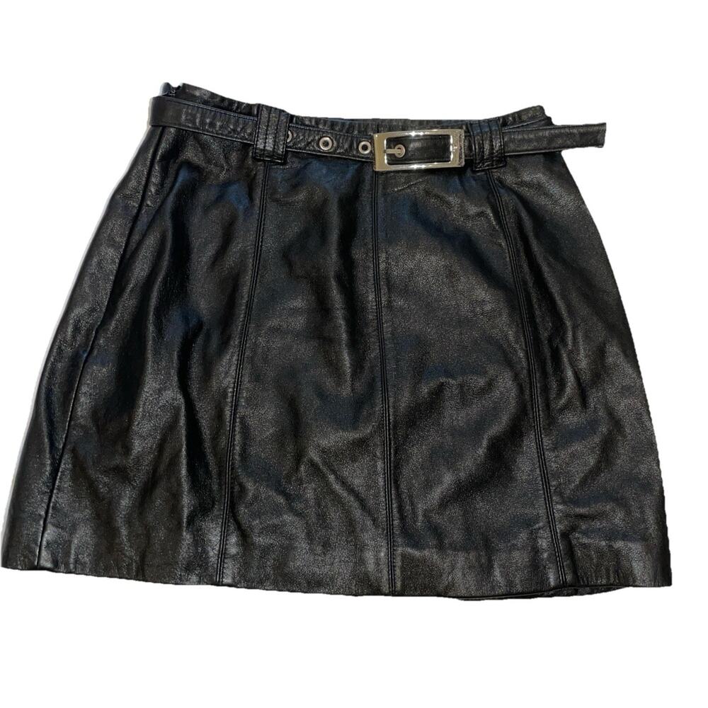 Vintage Y2K Wilsons Maxima Black Leather Lined Mini Skirt With Belt Size 4 - Picture 2 of 7